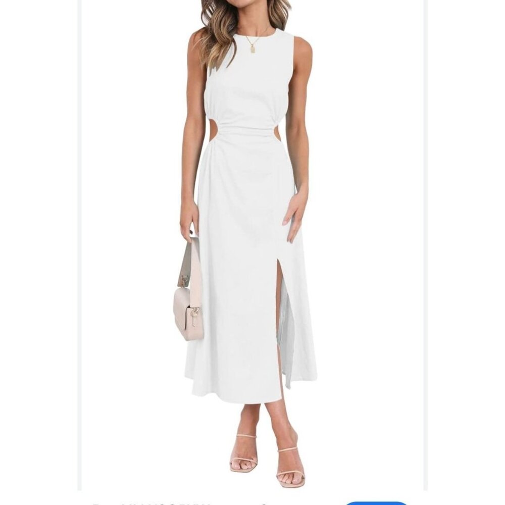 Lillusory White Sleeveless Cutout Split Maxi Dress Cotton Linen Blend Size S.